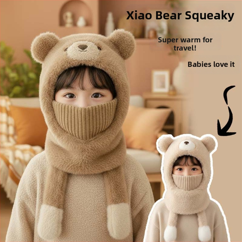 Детска плюшена качулка-мече за деца – флисова подплата, интегриран шал за врата и маска, защита на ушите, ветроустойчива