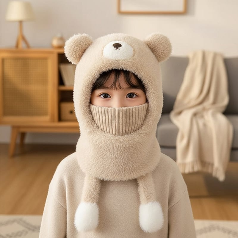 Детска плюшена качулка-мече за деца – флисова подплата, интегриран шал за врата и маска, защита на ушите, ветроустойчива