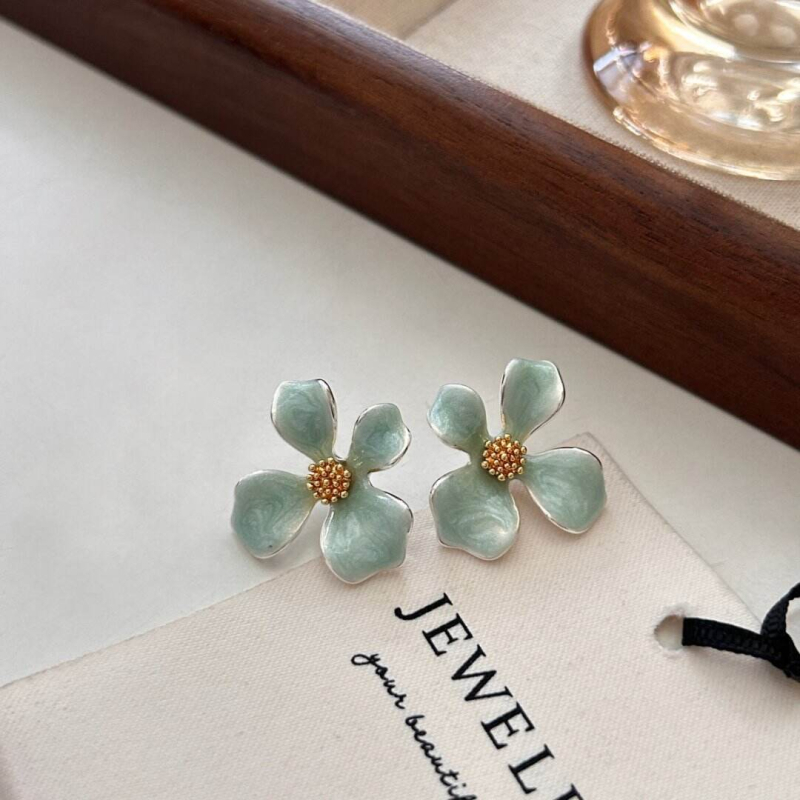 Медни обеци във форма на цвете, завършек с капково масло, ушни игли от 925 сребро, естествен стил, за жени