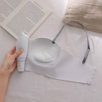 Be liemenėlės be peties, 3/4 puodelio, ploni formuoti puodeliai, nuimami dvigubi pečių dirželiai, nugaros užtrauktukas su keturiais eilučių