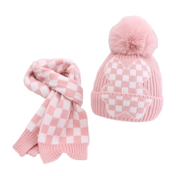 Dječji set: pleteni šešir i šal, s fleece podstavom, otporan na vjetar, topao, Jacquard pletenina