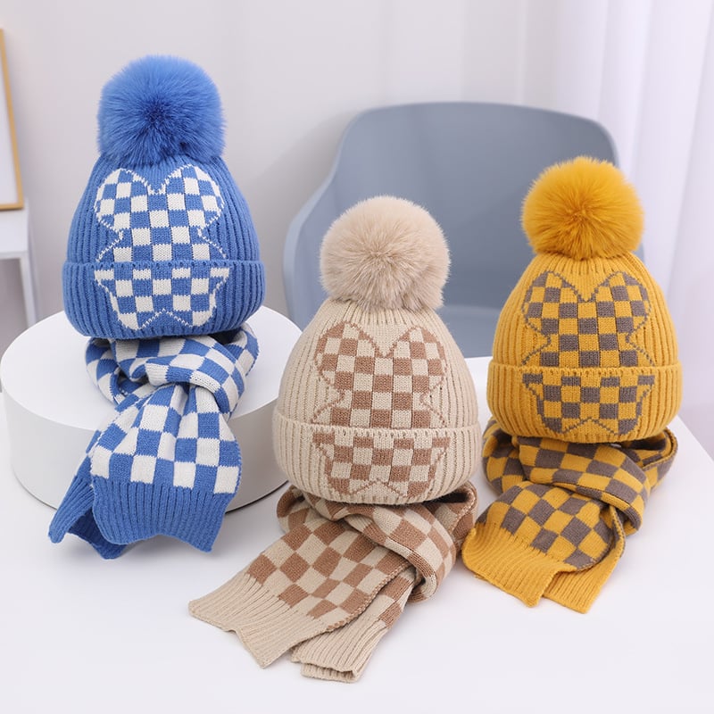 Dječji set: pleteni šešir i šal, s fleece podstavom, otporan na vjetar, topao, Jacquard pletenina