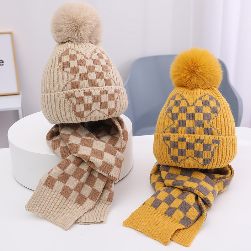 Dječji set: pleteni šešir i šal, s fleece podstavom, otporan na vjetar, topao, Jacquard pletenina