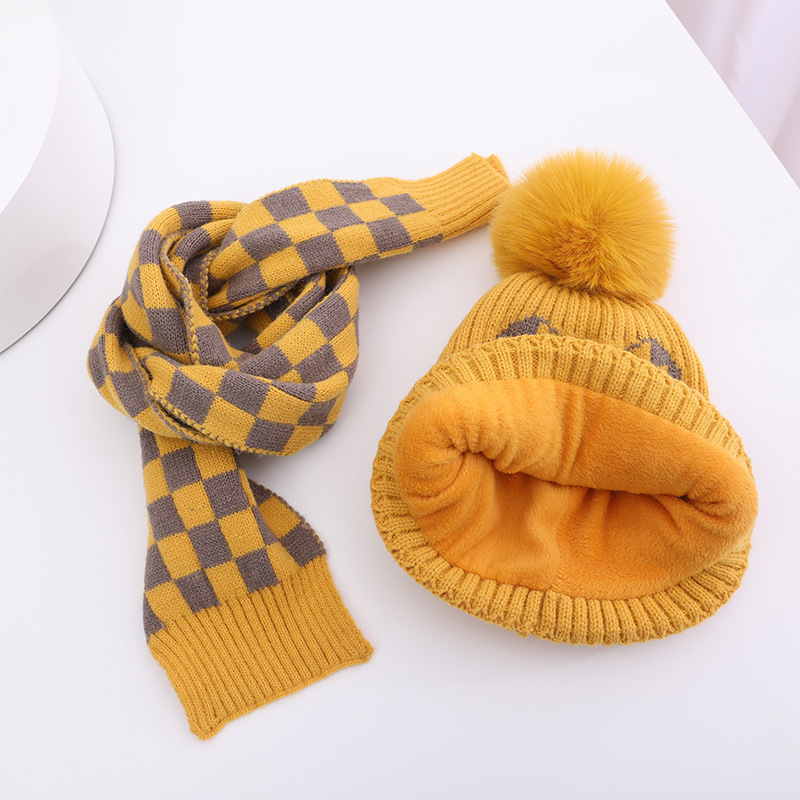 Dječji set: pleteni šešir i šal, s fleece podstavom, otporan na vjetar, topao, Jacquard pletenina