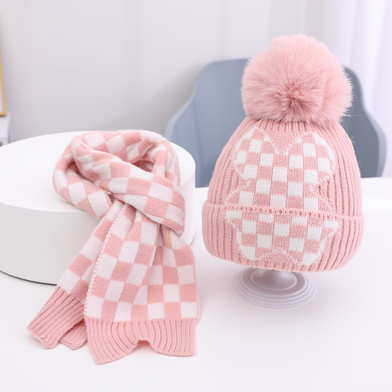 Dječji set: pleteni šešir i šal, s fleece podstavom, otporan na vjetar, topao, Jacquard pletenina