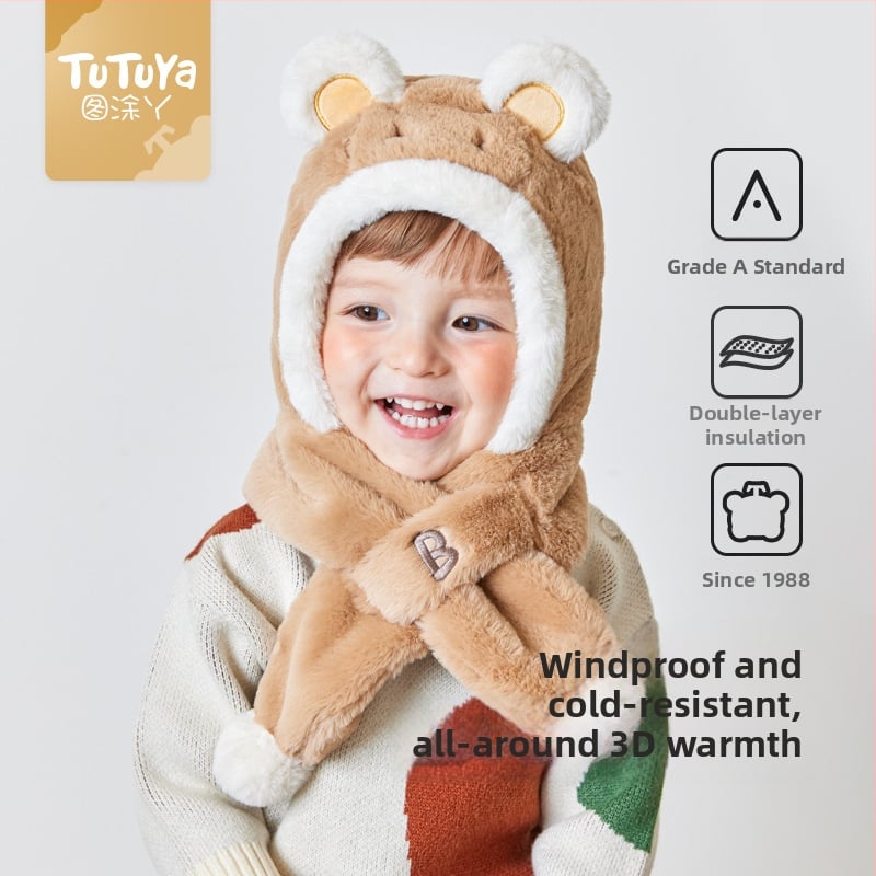 Плюшена детска зимна шапка с интегриран шал и ушички (акрил, куполна форма, без козирка, за деца от 6 месеца до 6 години)