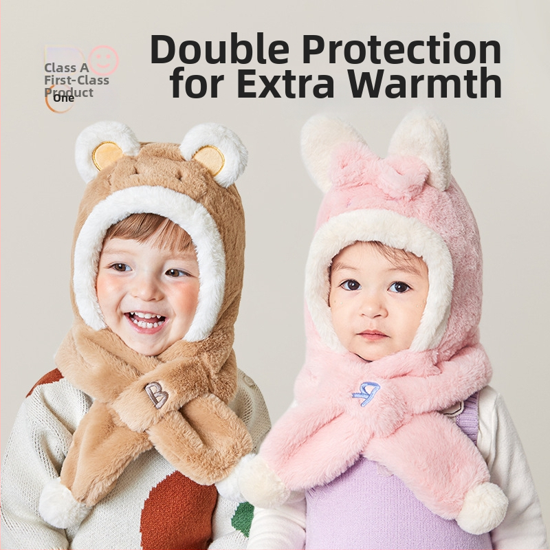 Плюшена детска зимна шапка с интегриран шал и ушички (акрил, куполна форма, без козирка, за деца от 6 месеца до 6 години)