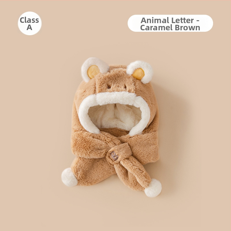 Плюшена детска зимна шапка с интегриран шал и ушички (акрил, куполна форма, без козирка, за деца от 6 месеца до 6 години)