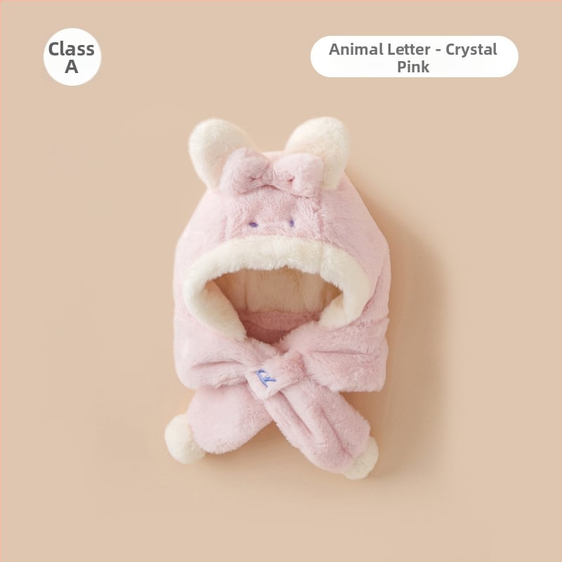 Плюшена детска зимна шапка с интегриран шал и ушички (акрил, куполна форма, без козирка, за деца от 6 месеца до 6 години)