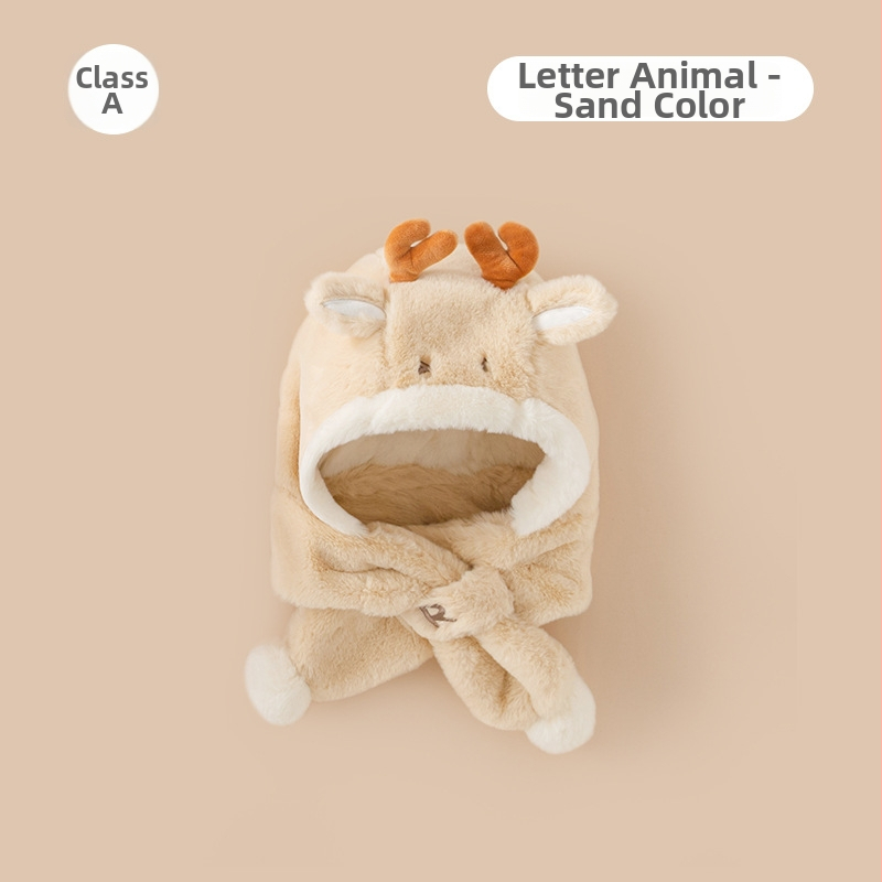 Плюшена детска зимна шапка с интегриран шал и ушички (акрил, куполна форма, без козирка, за деца от 6 месеца до 6 години)