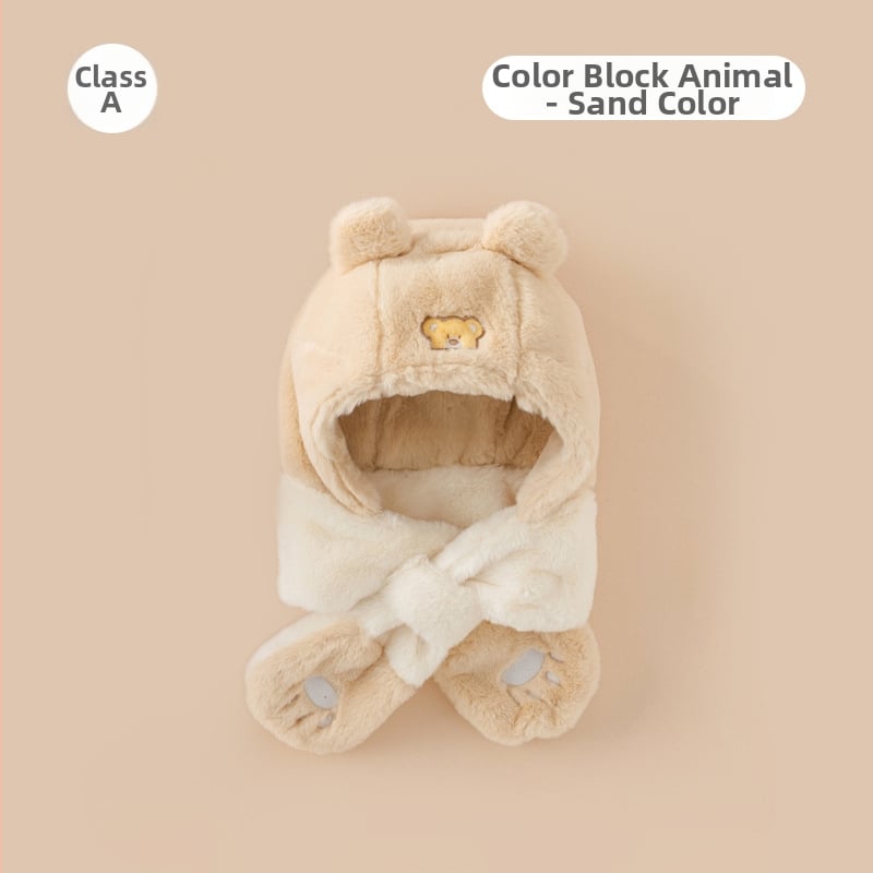 Плюшена детска зимна шапка с интегриран шал и ушички (акрил, куполна форма, без козирка, за деца от 6 месеца до 6 години)