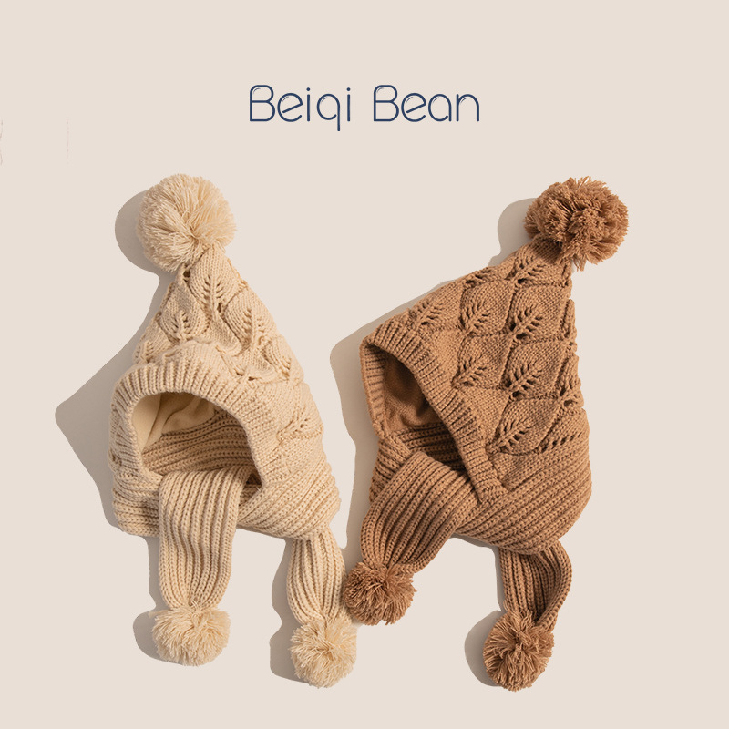 Žieminė vaikų megztinė kepurė su integruota šaliku - fliso pamušalas, šilta, ausų apsauga, akrilinis audinys, amžiaus grupė 2–10