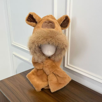 2-in-1 pliušinė vaikų kepurė su šaliku, žieminė kepurė su ausų apsauga, vėjui atspari, mielas piešinių stilius, amžiaus grupė 6–12 mėn iki 8–10 metų, siuvinėjimas ir atlaso detalės