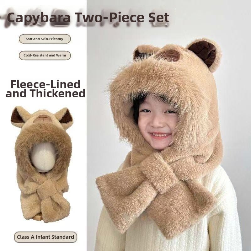 2-in-1 pliušinė vaikų kepurė su šaliku, žieminė kepurė su ausų apsauga, vėjui atspari, mielas piešinių stilius, amžiaus grupė 6–12 mėn iki 8–10 metų, siuvinėjimas ir atlaso detalės