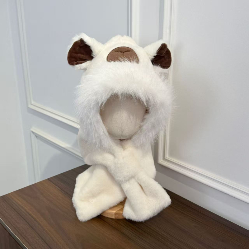 2-in-1 pliušinė vaikų kepurė su šaliku, žieminė kepurė su ausų apsauga, vėjui atspari, mielas piešinių stilius, amžiaus grupė 6–12 mėn iki 8–10 metų, siuvinėjimas ir atlaso detalės