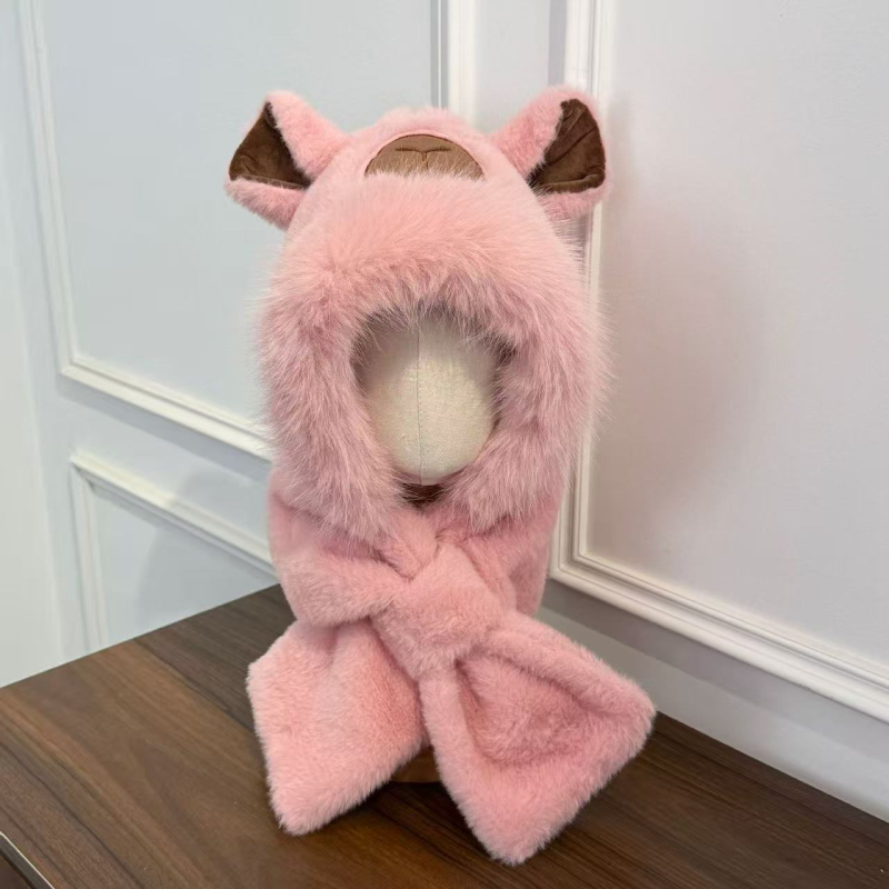 2-in-1 pliušinė vaikų kepurė su šaliku, žieminė kepurė su ausų apsauga, vėjui atspari, mielas piešinių stilius, amžiaus grupė 6–12 mėn iki 8–10 metų, siuvinėjimas ir atlaso detalės