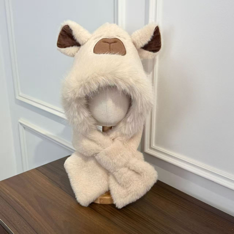 2-in-1 pliušinė vaikų kepurė su šaliku, žieminė kepurė su ausų apsauga, vėjui atspari, mielas piešinių stilius, amžiaus grupė 6–12 mėn iki 8–10 metų, siuvinėjimas ir atlaso detalės