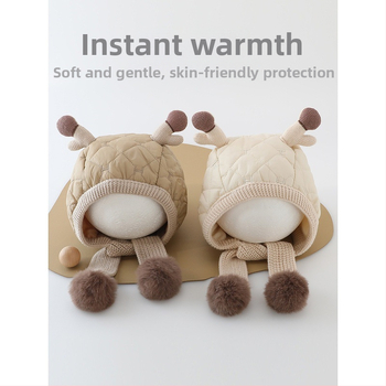 Kūdikių žieminė kepurė su integruotu šaliku ir ausų apsauga su elnio ragų motyvu – šilta, vėjui atspari, medvilnė