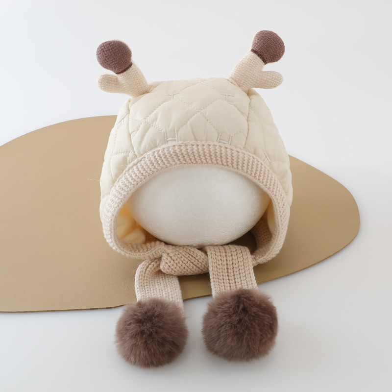 Kūdikių žieminė kepurė su integruotu šaliku ir ausų apsauga su elnio ragų motyvu – šilta, vėjui atspari, medvilnė
