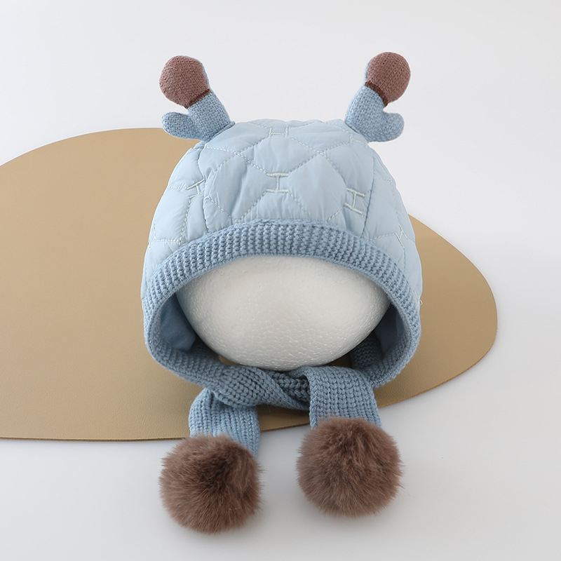 Kūdikių žieminė kepurė su integruotu šaliku ir ausų apsauga su elnio ragų motyvu – šilta, vėjui atspari, medvilnė