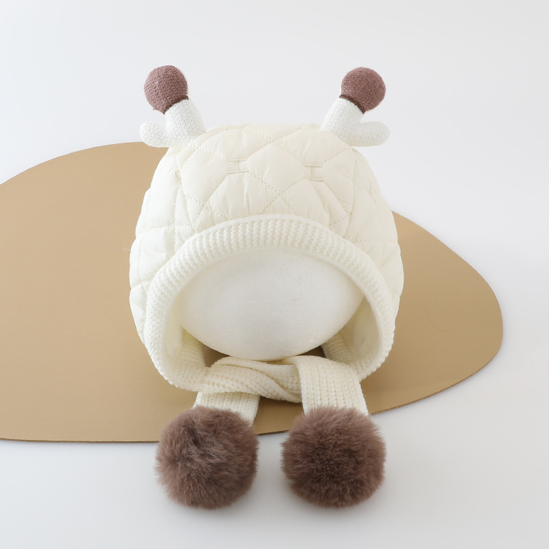 Kūdikių žieminė kepurė su integruotu šaliku ir ausų apsauga su elnio ragų motyvu – šilta, vėjui atspari, medvilnė