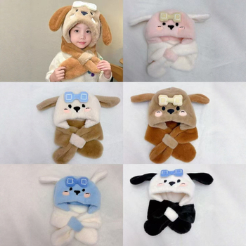 Vaikų kepurės ir šaliko komplektas su šuniuko atvaizdu – viengubis komplektas, fleece pamušalas, žieminis šilumas, vėjo atsparumas, 4–6 ir 8–10 metų