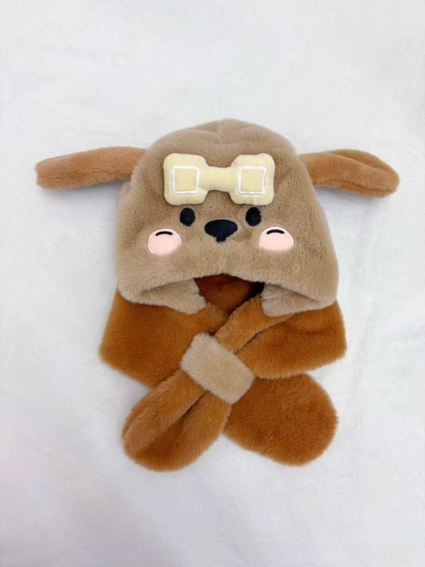 Vaikų kepurės ir šaliko komplektas su šuniuko atvaizdu – viengubis komplektas, fleece pamušalas, žieminis šilumas, vėjo atsparumas, 4–6 ir 8–10 metų