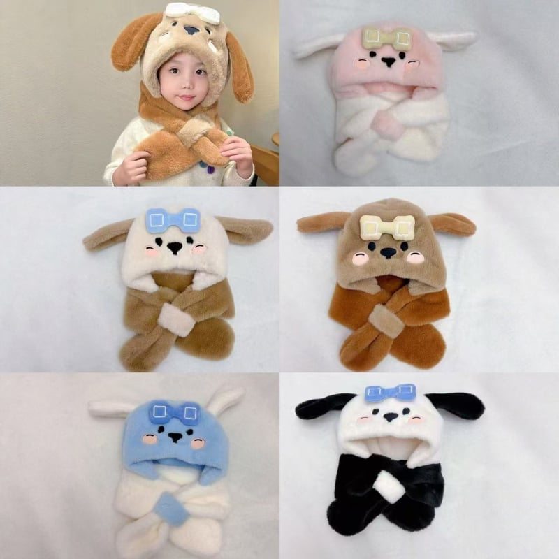 Vaikų kepurės ir šaliko komplektas su šuniuko atvaizdu – viengubis komplektas, fleece pamušalas, žieminis šilumas, vėjo atsparumas, 4–6 ir 8–10 metų