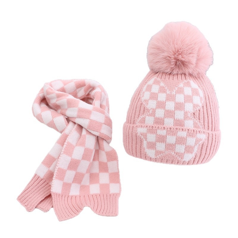 Vaikų megztas kepuraitės ir šalikų komplektas, kupolo formos kepurė su krašteliu, vėją atspari ir šilta, Jacquard Phoenix Velvet audinys