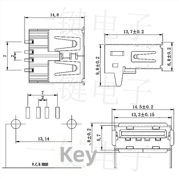 Σύνδεσμος USB 2.0 Type-A SMT, γωνία 90°, οριζόντιες και ευθείες επαφές