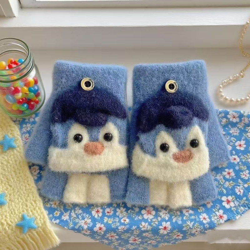 Dječje zimske rukavice s polu prstima, unisex, s karikaturnim pingvinom, jacquard pletenje, akril, održavaju toplinu, za djecu 6–12 godina