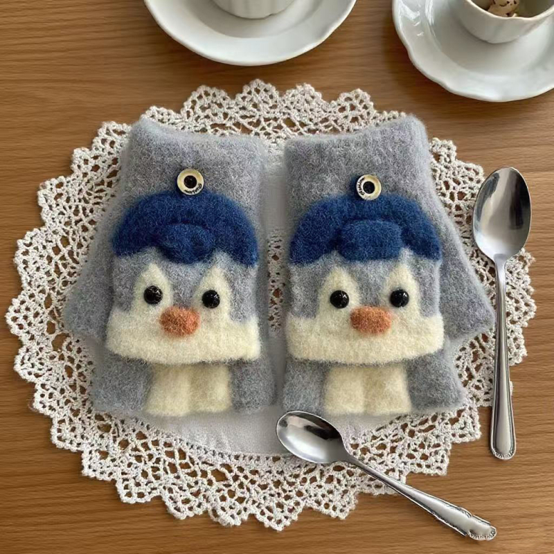 Dječje zimske rukavice s polu prstima, unisex, s karikaturnim pingvinom, jacquard pletenje, akril, održavaju toplinu, za djecu 6–12 godina