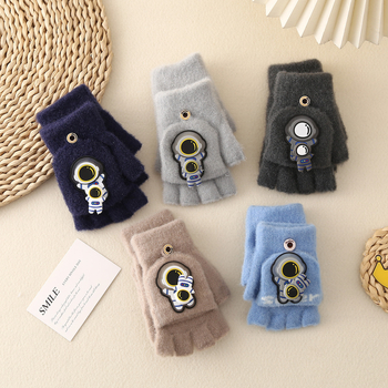 Laste pool-sõrmelised kinnas avatud otsaga, kootud, karikatuurimustriga, universaalne, hoiab sooja, vanus 6–12 aastat, talv-sügisperiood