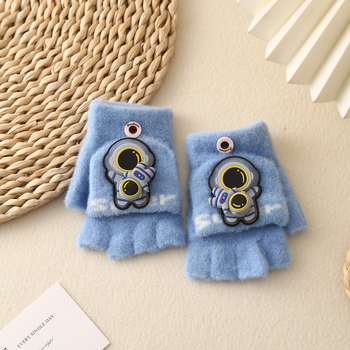 Laste pool-sõrmelised kinnas avatud otsaga, kootud, karikatuurimustriga, universaalne, hoiab sooja, vanus 6–12 aastat, talv-sügisperiood