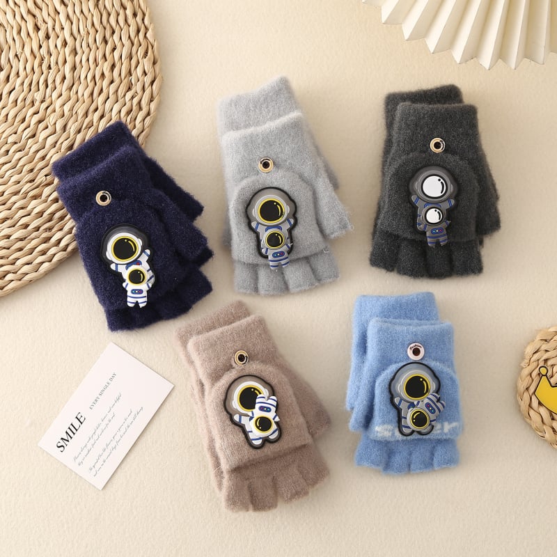 Laste pool-sõrmelised kinnas avatud otsaga, kootud, karikatuurimustriga, universaalne, hoiab sooja, vanus 6–12 aastat, talv-sügisperiood