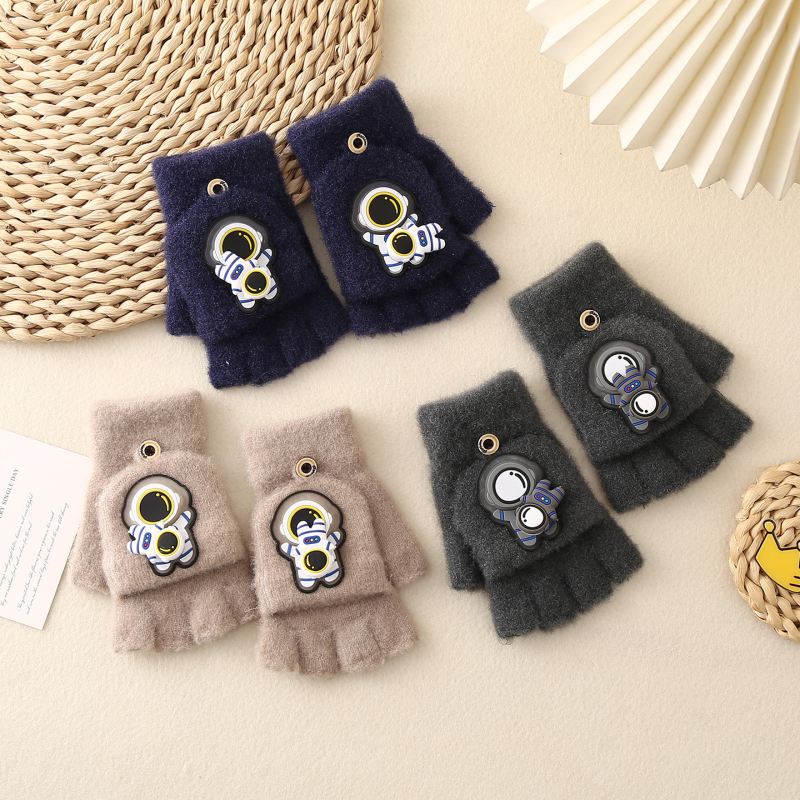 Laste pool-sõrmelised kinnas avatud otsaga, kootud, karikatuurimustriga, universaalne, hoiab sooja, vanus 6–12 aastat, talv-sügisperiood