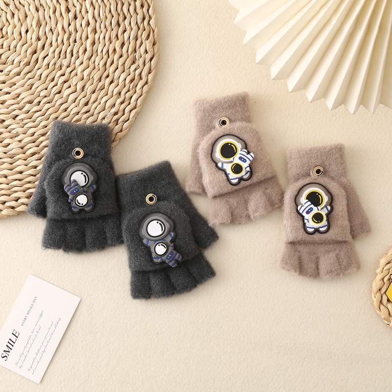 Laste pool-sõrmelised kinnas avatud otsaga, kootud, karikatuurimustriga, universaalne, hoiab sooja, vanus 6–12 aastat, talv-sügisperiood