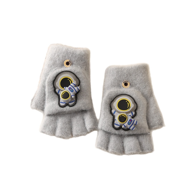 Laste pool-sõrmelised kinnas avatud otsaga, kootud, karikatuurimustriga, universaalne, hoiab sooja, vanus 6–12 aastat, talv-sügisperiood