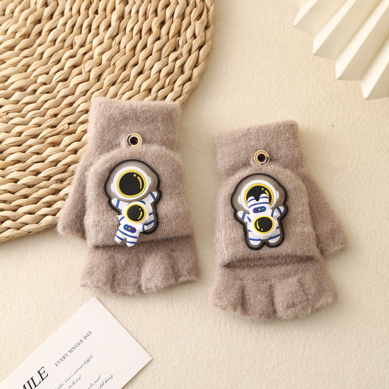 Laste pool-sõrmelised kinnas avatud otsaga, kootud, karikatuurimustriga, universaalne, hoiab sooja, vanus 6–12 aastat, talv-sügisperiood