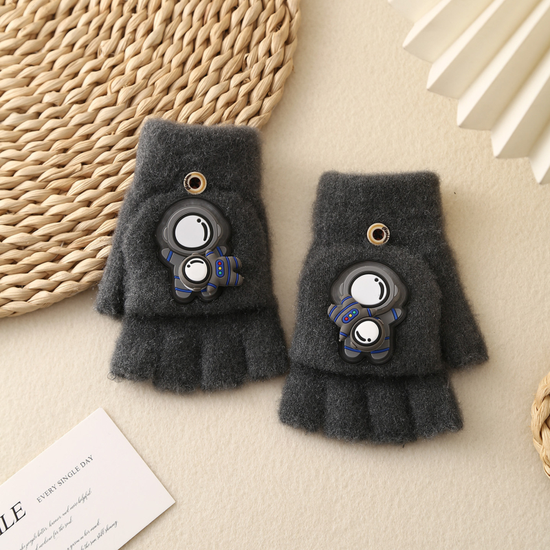 Laste pool-sõrmelised kinnas avatud otsaga, kootud, karikatuurimustriga, universaalne, hoiab sooja, vanus 6–12 aastat, talv-sügisperiood