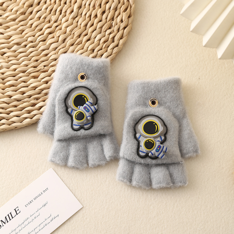 Laste pool-sõrmelised kinnas avatud otsaga, kootud, karikatuurimustriga, universaalne, hoiab sooja, vanus 6–12 aastat, talv-sügisperiood