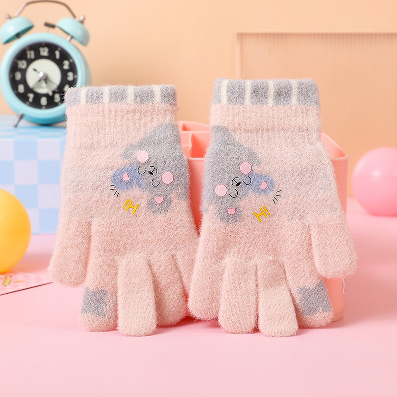 Laste kudumised kindad karikatuuriga ja eraldi sõrmedega; vanus 5–12 aastat; hoiab sooja