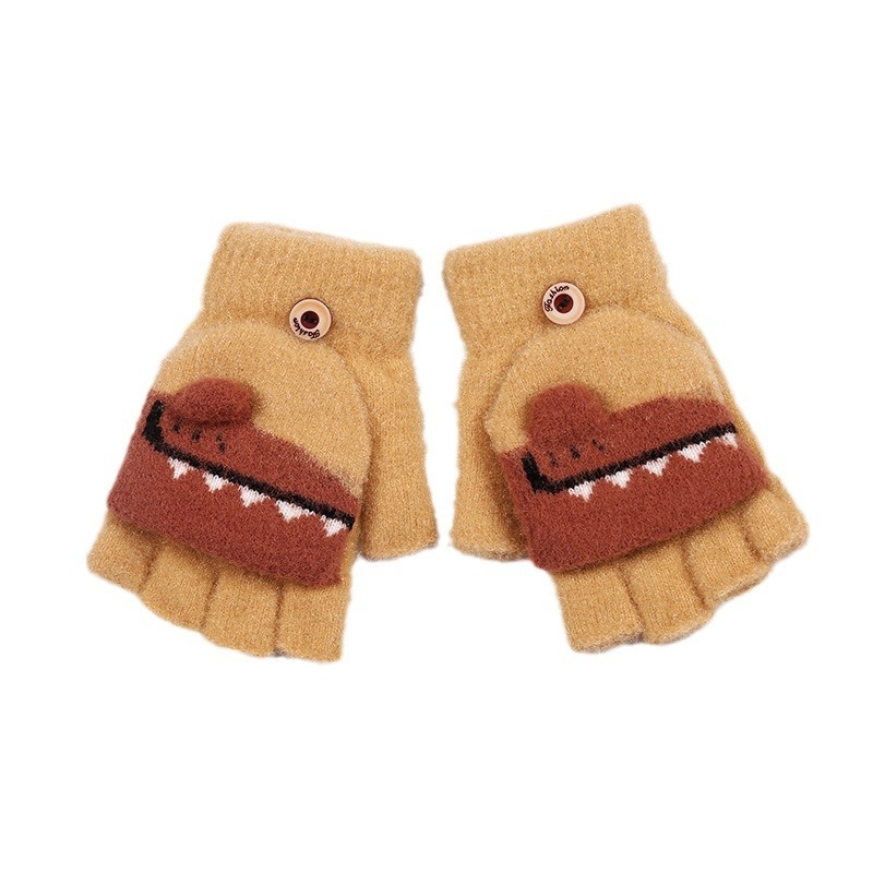 Laste talvekindad Mink velvet vooderdusega, pool-sõrmega disain, karikatuurne krokodilli muster, Jacquard kudum, soojad 4-13-aastastele.