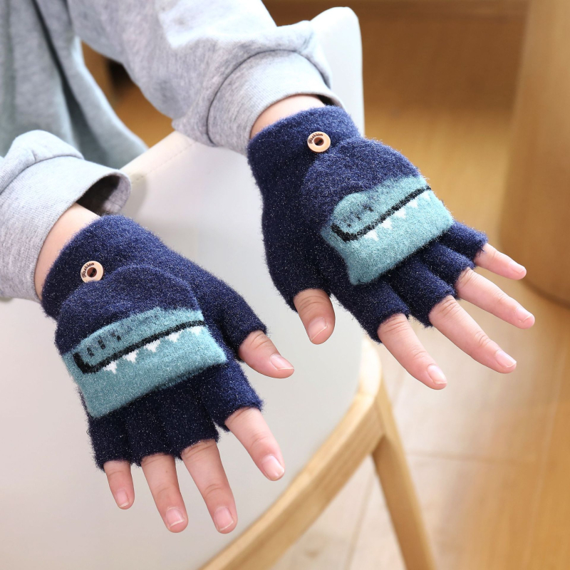 Laste talvekindad Mink velvet vooderdusega, pool-sõrmega disain, karikatuurne krokodilli muster, Jacquard kudum, soojad 4-13-aastastele.