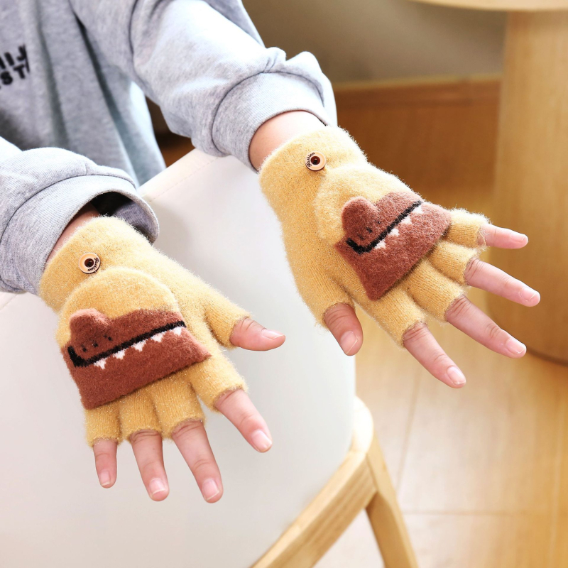 Laste talvekindad Mink velvet vooderdusega, pool-sõrmega disain, karikatuurne krokodilli muster, Jacquard kudum, soojad 4-13-aastastele.