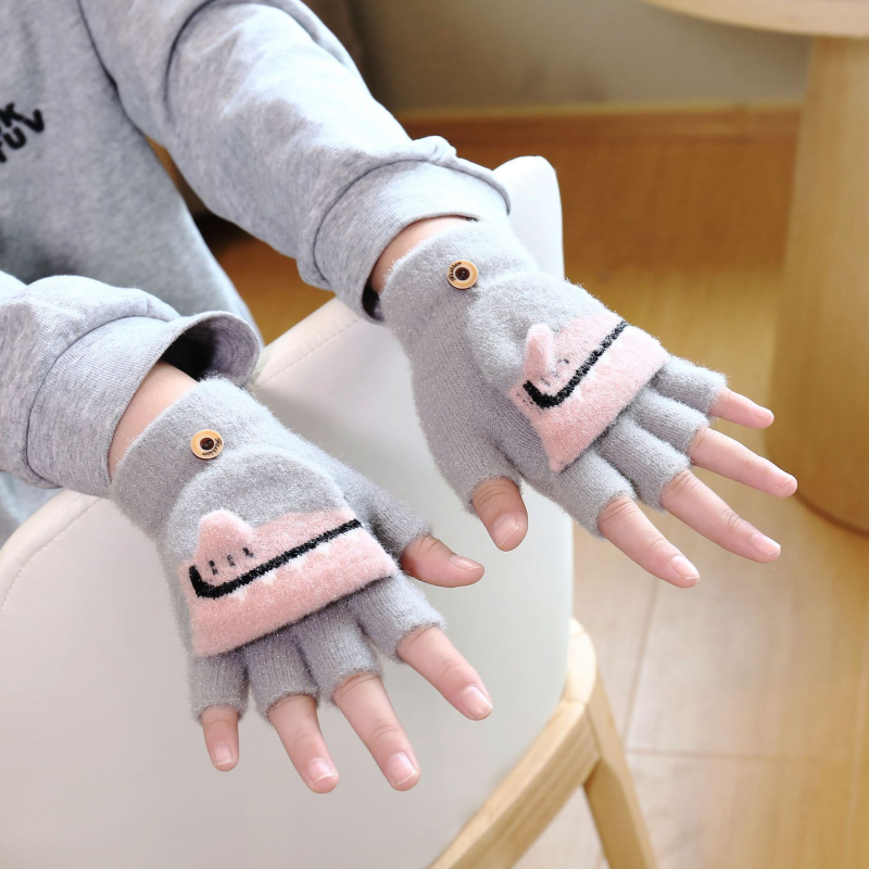 Laste talvekindad Mink velvet vooderdusega, pool-sõrmega disain, karikatuurne krokodilli muster, Jacquard kudum, soojad 4-13-aastastele.