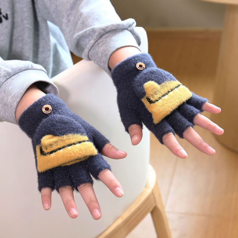 Laste talvekindad Mink velvet vooderdusega, pool-sõrmega disain, karikatuurne krokodilli muster, Jacquard kudum, soojad 4-13-aastastele.