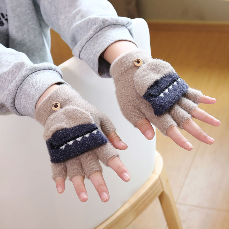 Laste talvekindad Mink velvet vooderdusega, pool-sõrmega disain, karikatuurne krokodilli muster, Jacquard kudum, soojad 4-13-aastastele.