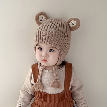 Бебешка памучна зимна шапка с ушна защита, куполна форма, топла и ветроустойчива, карикатурен стил; за възраст 6–12 м, 1–2 г и 2–4 г