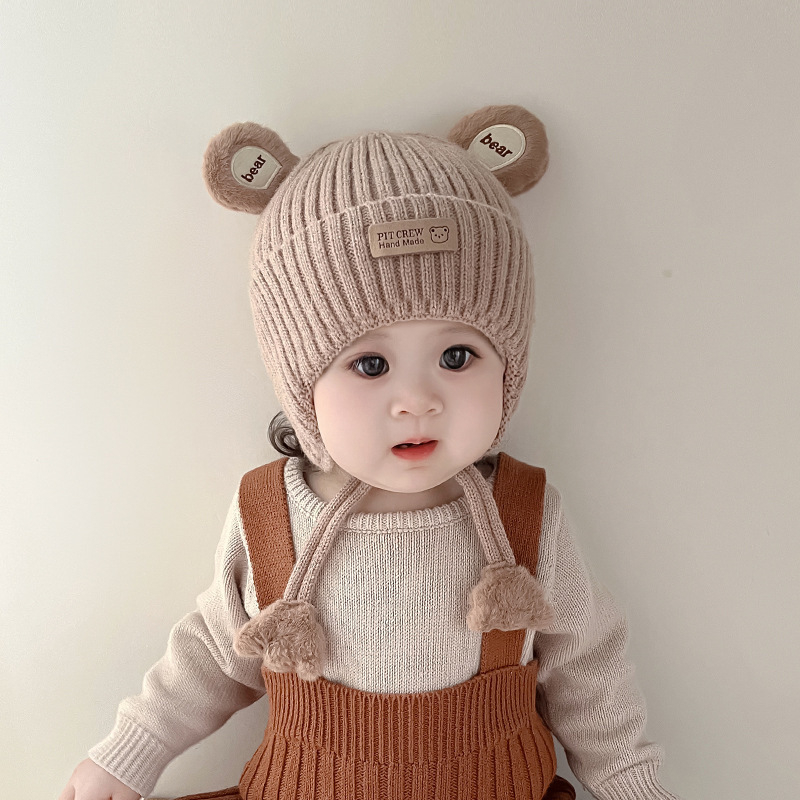 Бебешка памучна зимна шапка с ушна защита, куполна форма, топла и ветроустойчива, карикатурен стил; за възраст 6–12 м, 1–2 г и 2–4 г